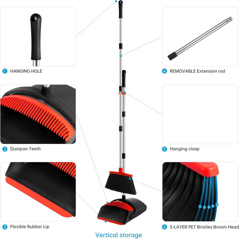 BSKLIN Broom and Dustpan Set for Home,52-in Long Adjustable Handle Angle Broom for Sweeping Indoor Dustpan Teeth to Clean Pet Hair Suitable for Home Kitchen Office - Image 3